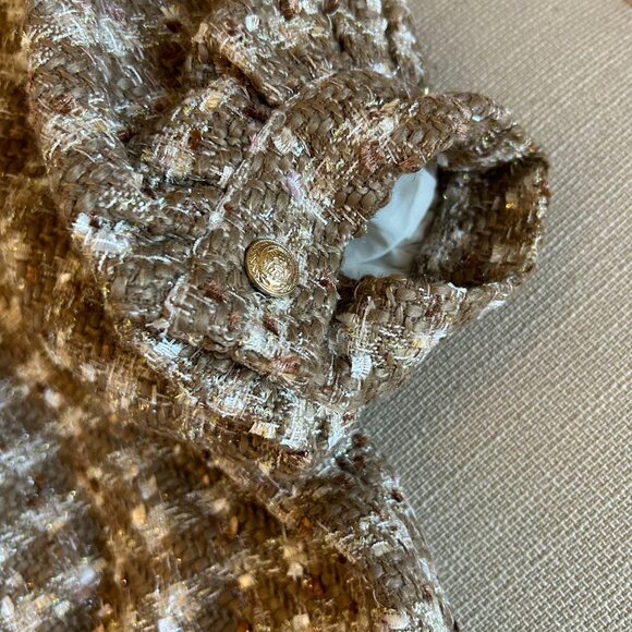 NEW L'AGENCE Cove Cropped Tweed Jacket Sz2 Dark Cappuccino/Gold Multi Tweed - Picture 7 of 13